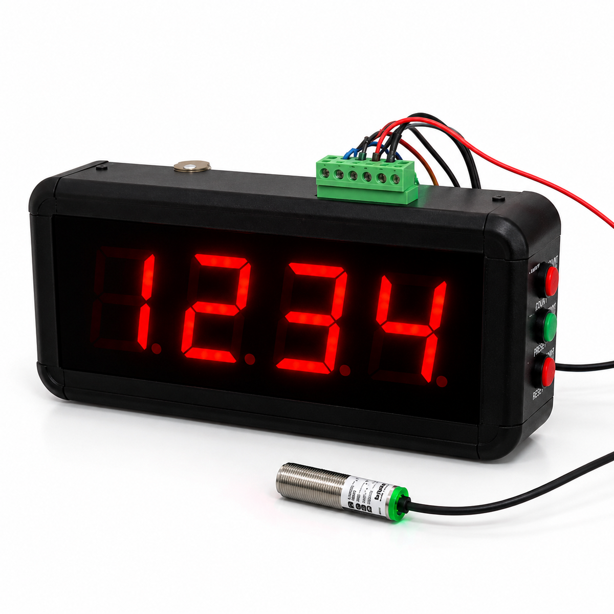 Digital clock with red LED display on a white background