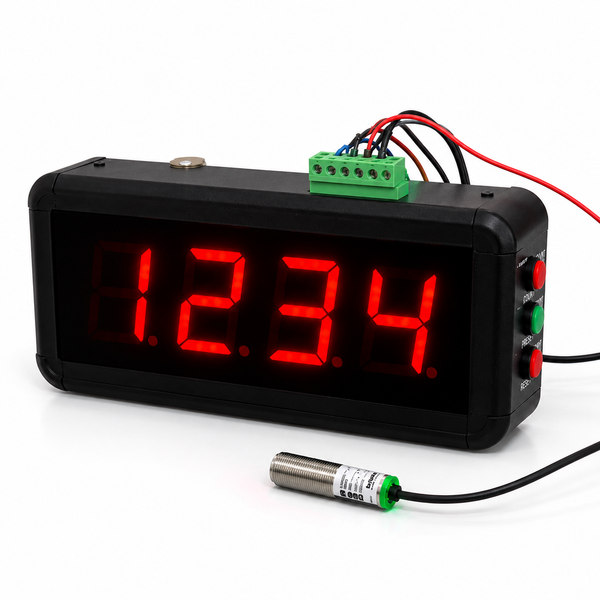Digital clock with red LED display on a white background
