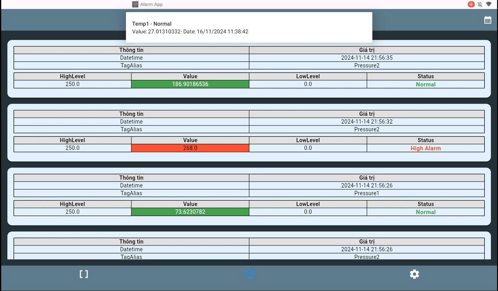 Screen capture of a monitoring software interface with data logs and status indicators.