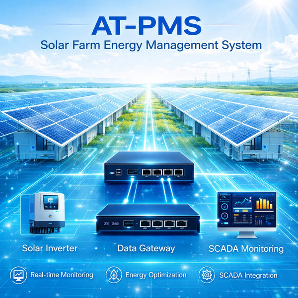 ATSCADA Custom Component AT-PMS solar farm energy management system with data gateway, solar inverter, and SCADA monitoring for real-time energy optimization