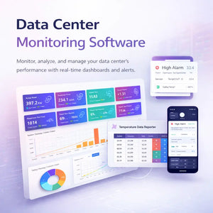 Data center monitoring software with real-time dashboards and alerts on a computer screen and smartphone.