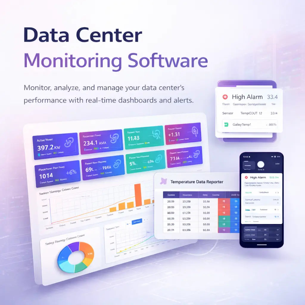 Data center monitoring software with real-time dashboards and alerts on a computer screen and smartphone.