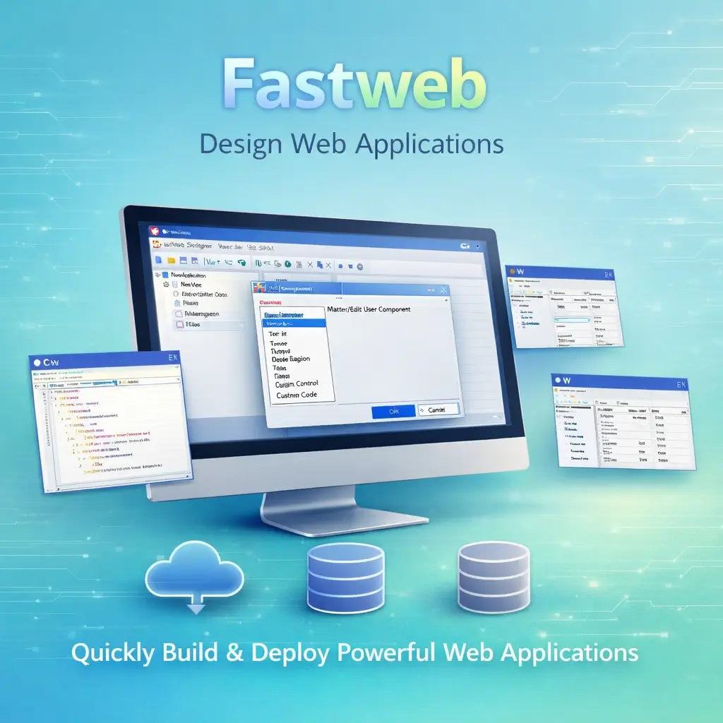 Advertisement for Fastweb design software with a computer monitor and web application interfaces on a blue background.