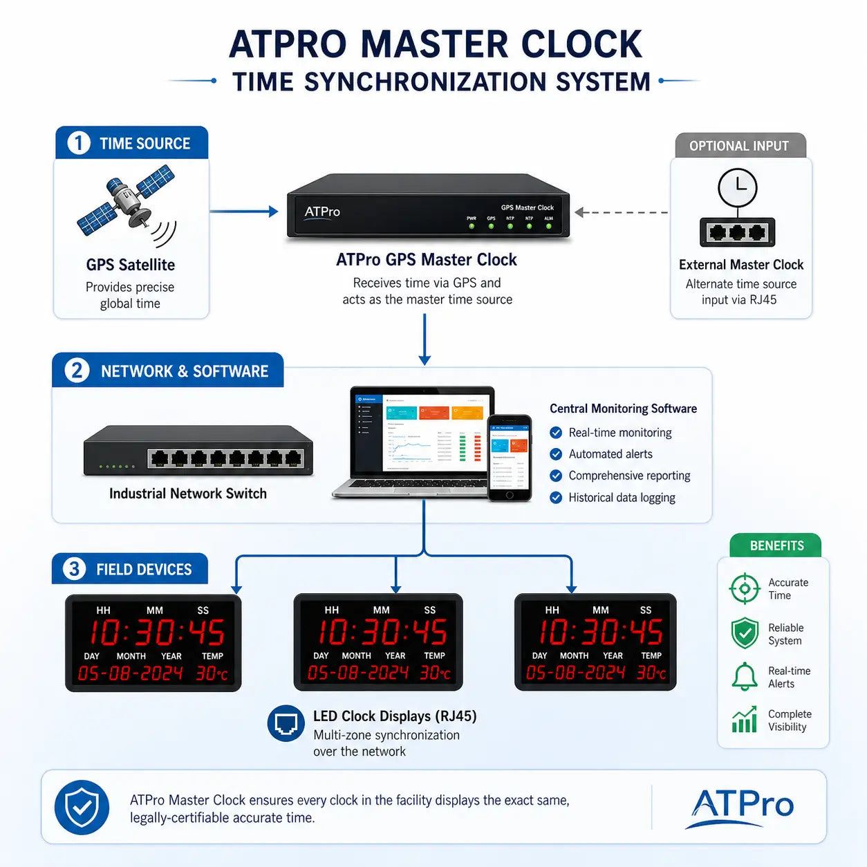 ATSCADA Custom Component GPS master clock time synchronization system diagram showing satellite time source, network switch, monitoring software, and LED clock displays