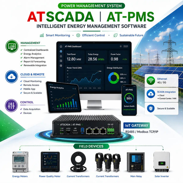 ATSCADA Custom Component intelligent energy management software with ATSCADA (AT in red, SCADA in green), AT-PMS platform, IoT gateway, SCADA integration, cloud monitoring, and field devices for power management system