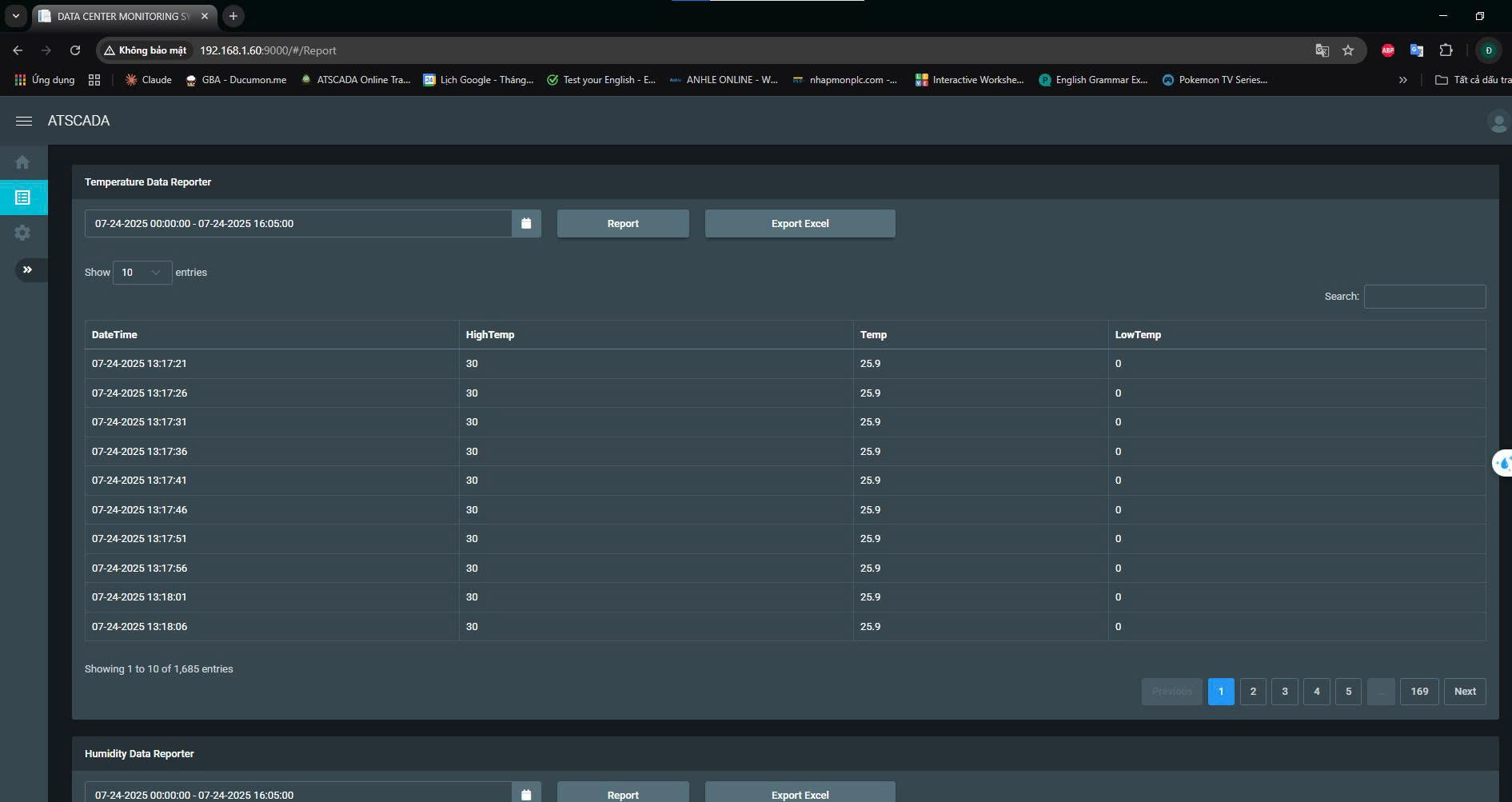 ATSCADA Custom Component temperature and humidity data reporting dashboard with real-time monitoring, report export, and environmental analytics interface.