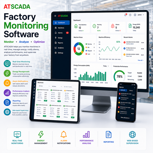 ATSCADA Factory Monitoring Software dashboard with real-time machine monitoring, energy management, alarm notifications, performance analysis, reporting, and web-based factory supervision.