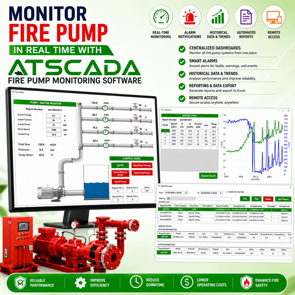 ATSCADA Fire Pump Monitoring Software dashboard with real-time monitoring, alarm management, historical reporting, performance analytics, and remote access for fire pump systems.