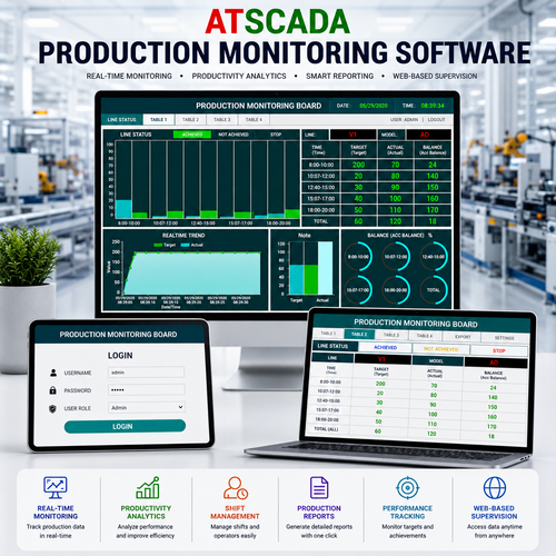 ATSCADA Production Monitoring Software dashboard for real-time factory productivity tracking, production analytics, shift management, reporting, performance monitoring, and web-based supervision