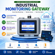 Industrial monitoring gateway with cloud monitoring and data visualization features on a blue background.
