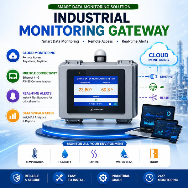 Industrial monitoring gateway with cloud monitoring and data visualization features on a blue background.
