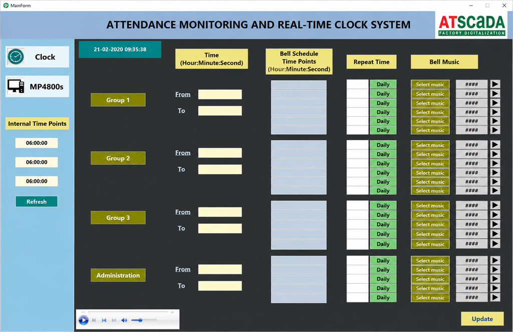 Attendance monitoring and real-time clock system interface with ATascada branding.