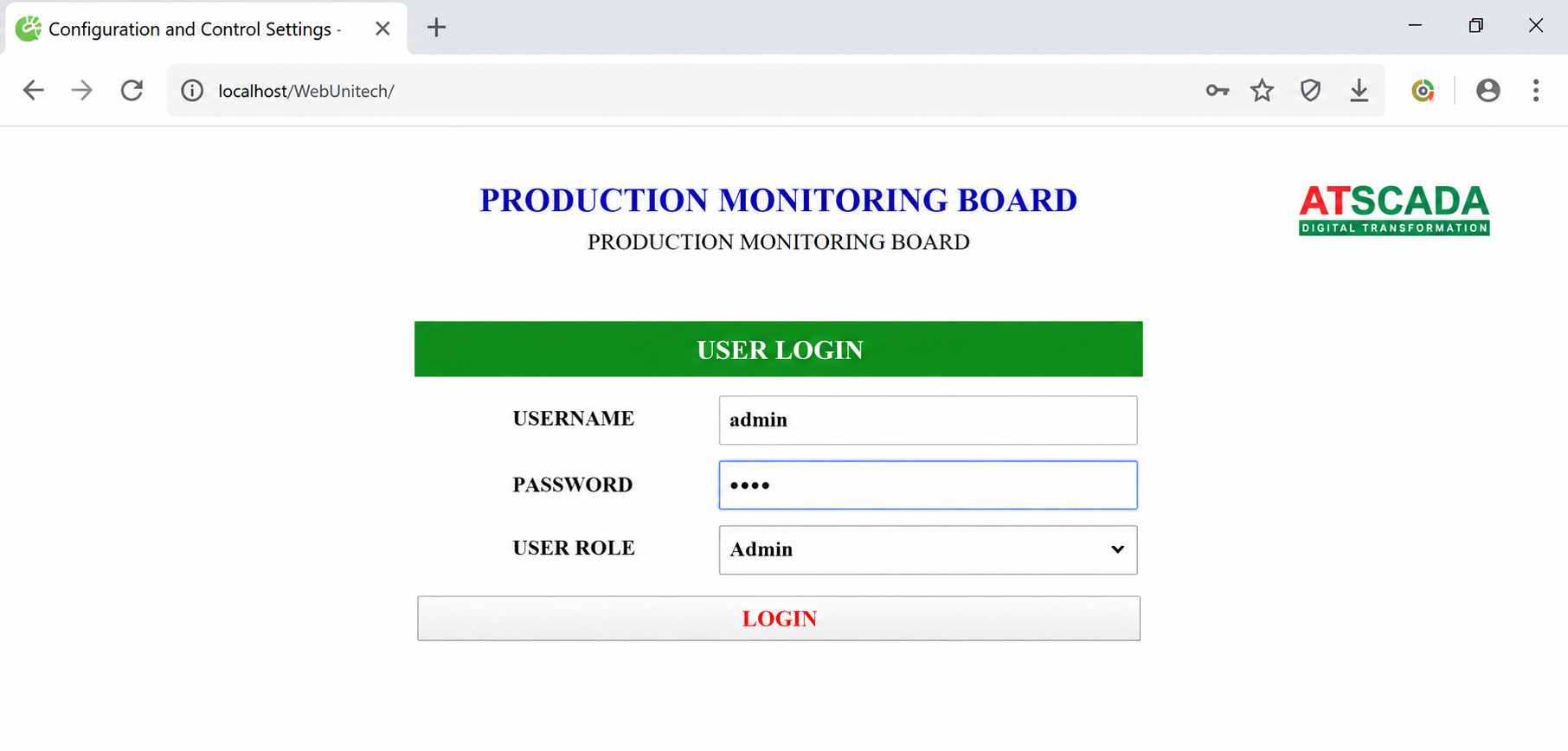 Production Monitoring Board login page with user authentication, username, password, user role selection, and ATSCADA production monitoring system interface