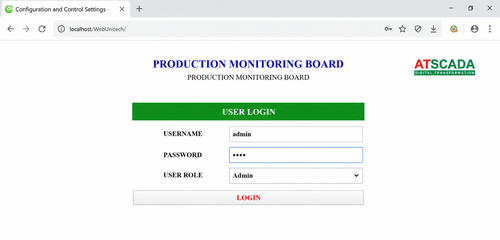 Production Monitoring Board login page with user authentication, username, password, user role selection, and ATSCADA production monitoring system interface