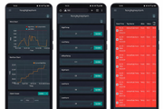 Three smartphone screens displaying a temperature monitoring app with different data views.