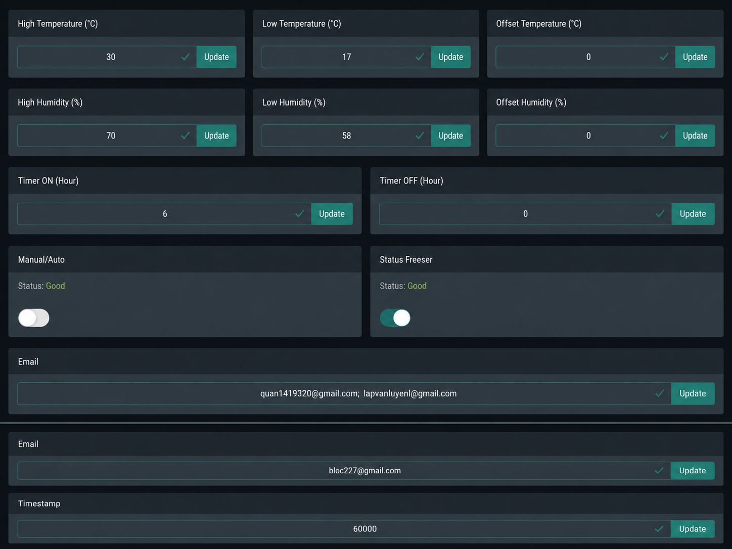 Server Room Monitoring Software alert and notification settings dashboard with temperature thresholds, humidity thresholds, timer configuration, email alerts, and timestamp settings