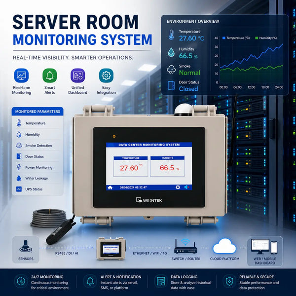 Server Room Monitoring System device with real-time dashboard displaying temperature, humidity, alerts, and cloud connectivity for data center monitoring solution