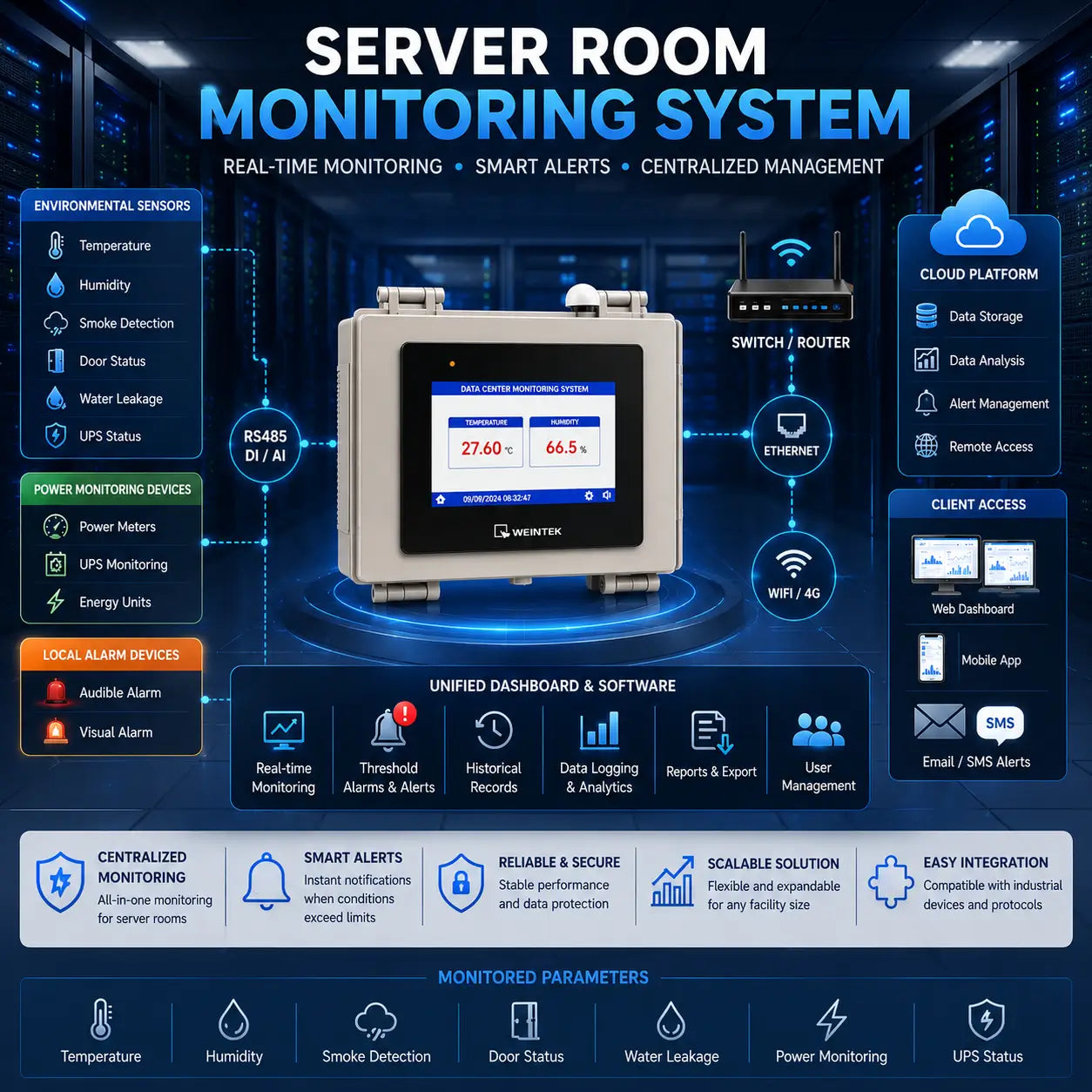 Server Room Monitoring System integration diagram showing environmental sensors, power monitoring devices, local alarms, cloud platform, and real-time dashboard for centralized monitoring in data centers