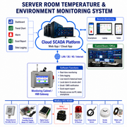 Diagram of a server room temperature and environment monitoring system with cloud SCADA platform.